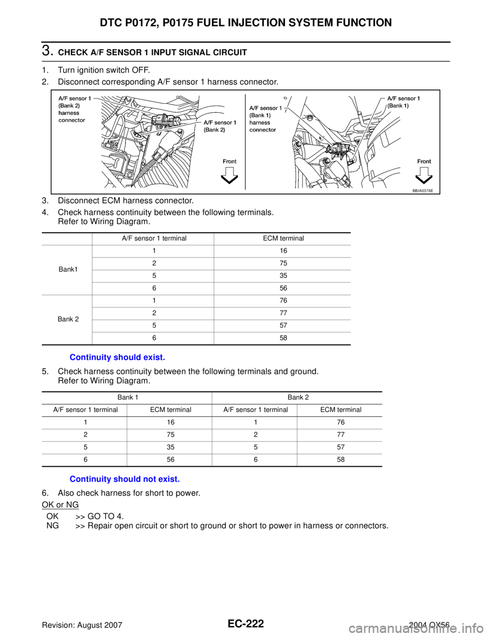 INFINITI QX56 2004  Factory Service Manual EC-222Revision: August 2007
DTC P0172, P0175 FUEL INJECTION SYSTEM FUNCTION
2004 QX56
3. CHECK A/F SENSOR 1 INPUT SIGNAL CIRCUIT
1. Turn ignition switch OFF.
2. Disconnect corresponding A/F sensor 1 h