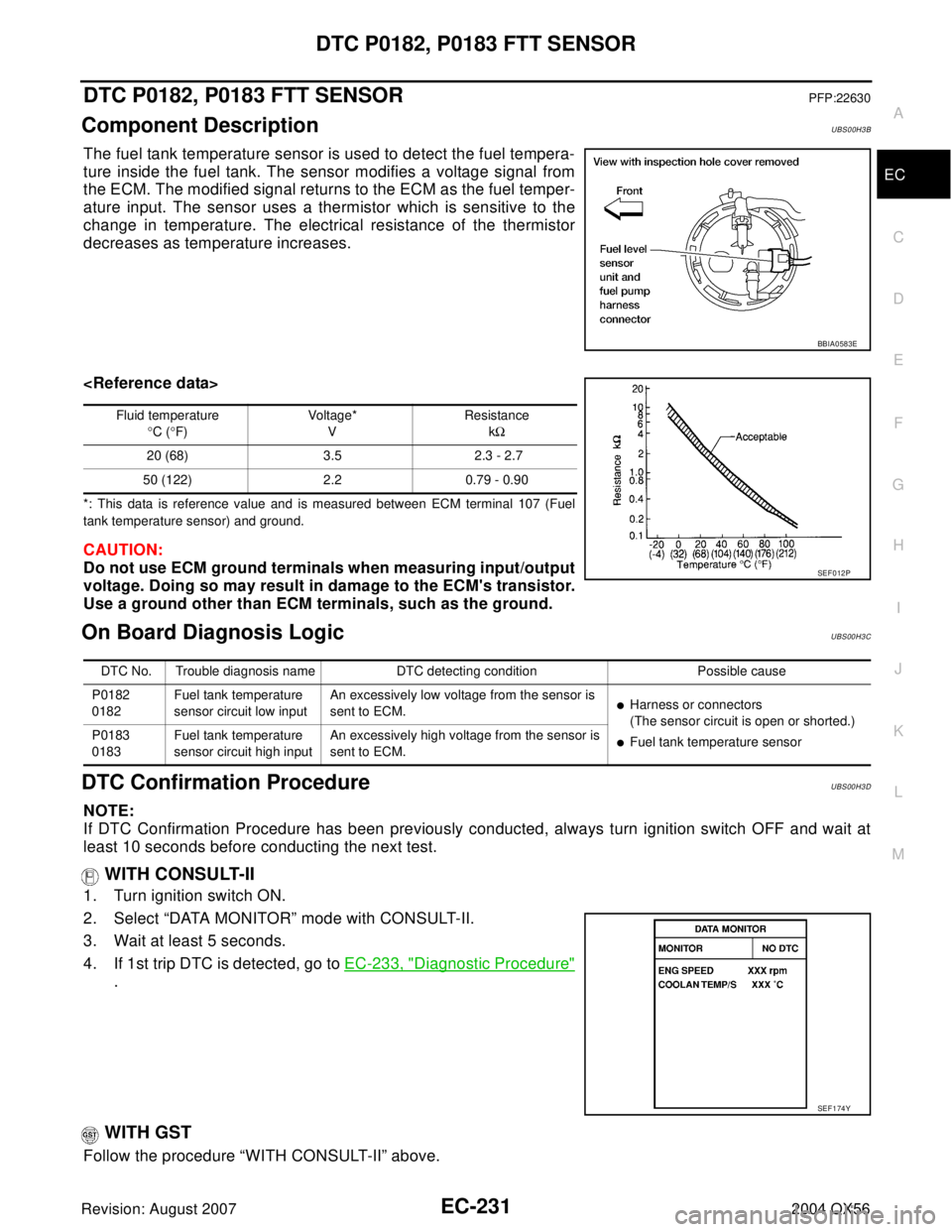 INFINITI QX56 2004  Factory Service Manual DTC P0182, P0183 FTT SENSOR
EC-231
C
D
E
F
G
H
I
J
K
L
MA
EC
Revision: August 20072004 QX56
DTC P0182, P0183 FTT SENSORPFP:22630
Component DescriptionUBS00H3B
The fuel tank temperature sensor is used 