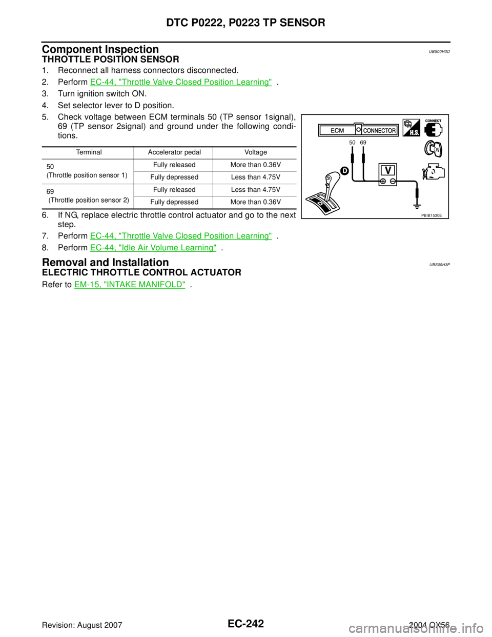 INFINITI QX56 2004  Factory Service Manual EC-242Revision: August 2007
DTC P0222, P0223 TP SENSOR
2004 QX56
Component InspectionUBS00H3O
THROTTLE POSITION SENSOR
1. Reconnect all harness connectors disconnected.
2. Perform EC-44, "
Throttle Va