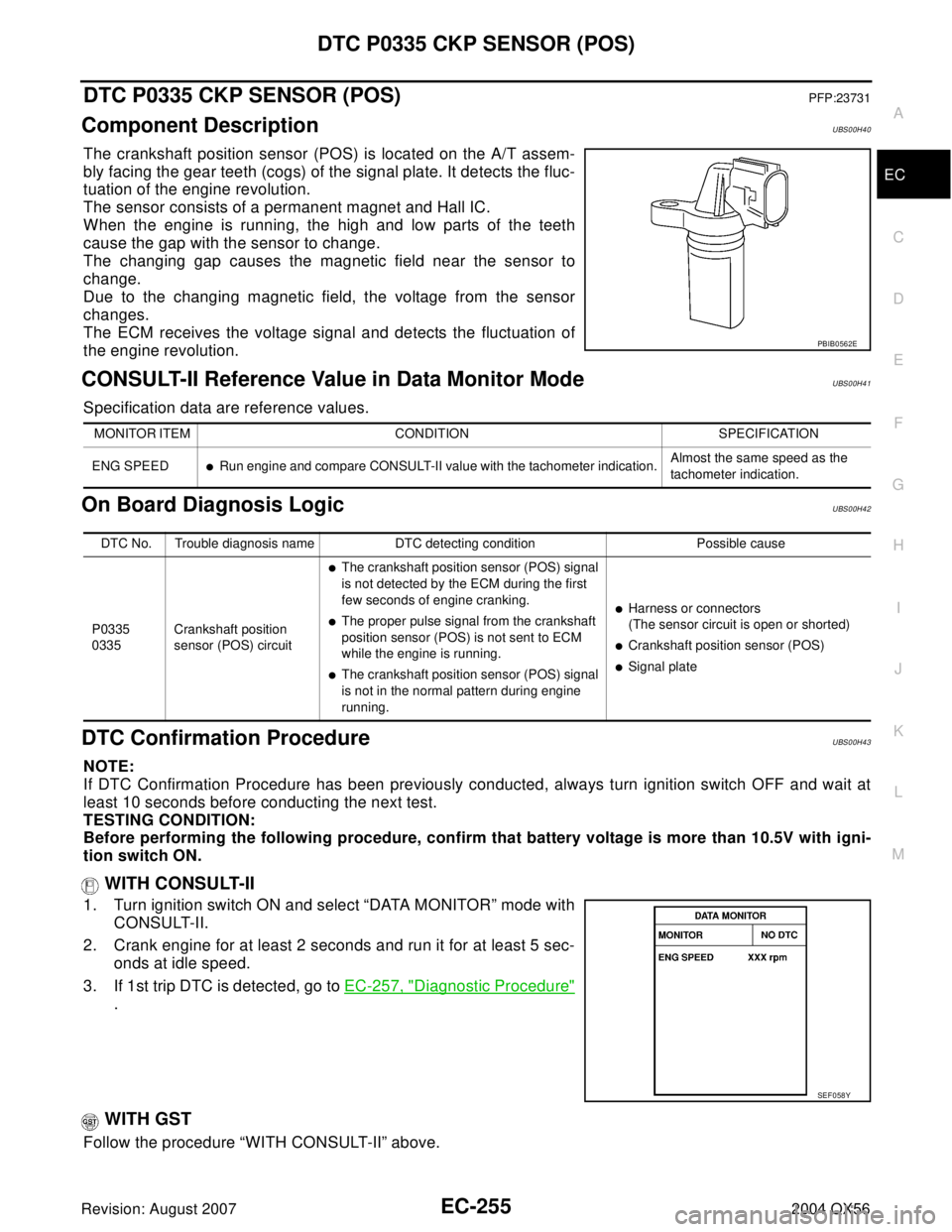 INFINITI QX56 2004 Factory Service Manual DTC P0335 CKP SENSOR (POS)
EC-255
C
D
E
F
G
H
I
J
K
L
MA
EC
Revision: August 20072004 QX56
DTC P0335 CKP SENSOR (POS)PFP:23731
Component DescriptionUBS00H40
The crankshaft position sensor (POS) is loc INFINITI QX56 2004 Factory Service Manual DTC P0335 CKP SENSOR (POS)
EC-255
C
D
E
F
G
H
I
J
K
L
MA
EC
Revision: August 20072004 QX56
DTC P0335 CKP SENSOR (POS)PFP:23731
Component DescriptionUBS00H40
The crankshaft position sensor (POS) is loc