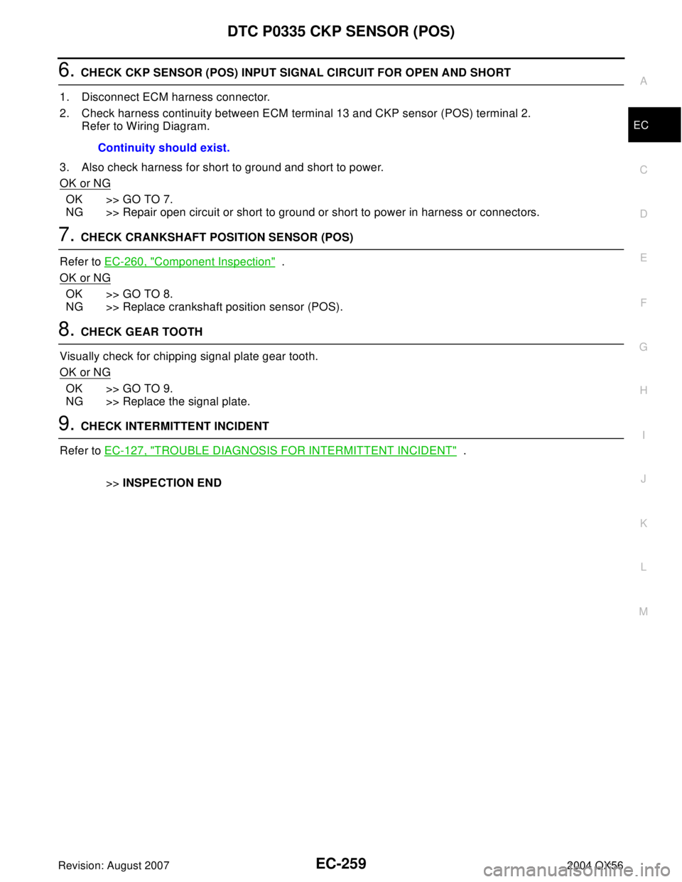 INFINITI QX56 2004  Factory Service Manual DTC P0335 CKP SENSOR (POS)
EC-259
C
D
E
F
G
H
I
J
K
L
MA
EC
Revision: August 20072004 QX56
6. CHECK CKP SENSOR (POS) INPUT SIGNAL CIRCUIT FOR OPEN AND SHORT
1. Disconnect ECM harness connector.
2. Che
