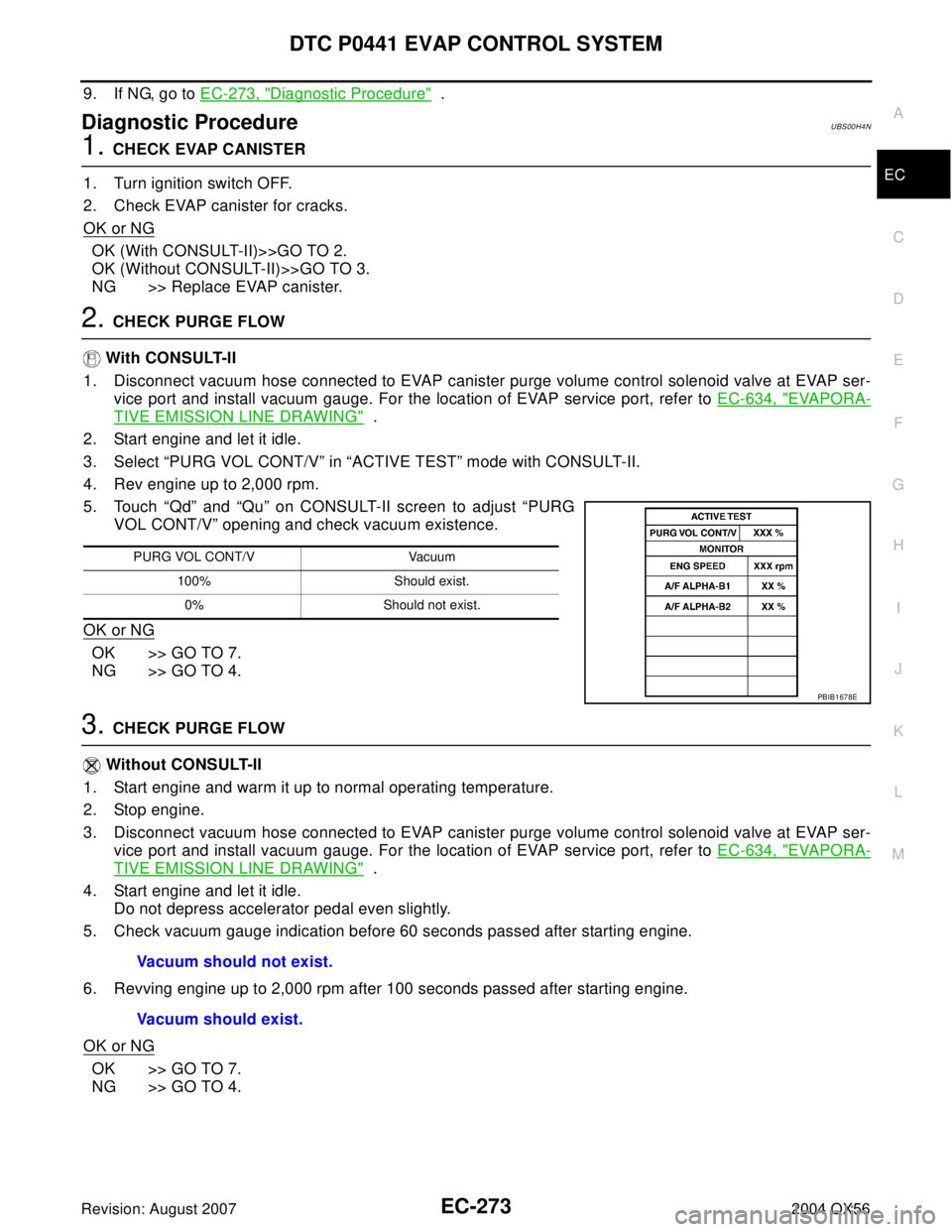 INFINITI QX56 2004 Factory Service Manual DTC P0441 EVAP CONTROL SYSTEM
EC-273
C
D
E
F
G
H
I
J
K
L
MA
EC
Revision: August 20072004 QX56
9. If NG, go to EC-273, "Diagnostic Procedure" .
Diagnostic ProcedureUBS00H4N
1. CHECK EVAP CANISTER
1. T INFINITI QX56 2004 Factory Service Manual DTC P0441 EVAP CONTROL SYSTEM
EC-273
C
D
E
F
G
H
I
J
K
L
MA
EC
Revision: August 20072004 QX56
9. If NG, go to EC-273, "Diagnostic Procedure" .
Diagnostic ProcedureUBS00H4N
1. CHECK EVAP CANISTER
1. T