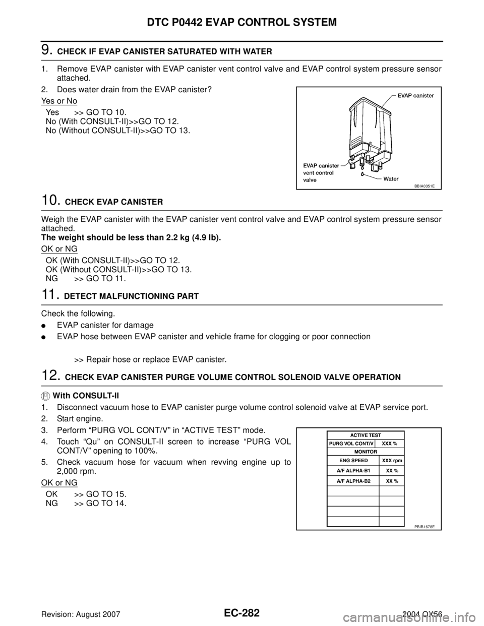 INFINITI QX56 2004 Factory Service Manual EC-282Revision: August 2007
DTC P0442 EVAP CONTROL SYSTEM
2004 QX56
9. CHECK IF EVAP CANISTER SATURATED WITH WATER
1. Remove EVAP canister with EVAP canister vent control valve and EVAP control system INFINITI QX56 2004 Factory Service Manual EC-282Revision: August 2007
DTC P0442 EVAP CONTROL SYSTEM
2004 QX56
9. CHECK IF EVAP CANISTER SATURATED WITH WATER
1. Remove EVAP canister with EVAP canister vent control valve and EVAP control system