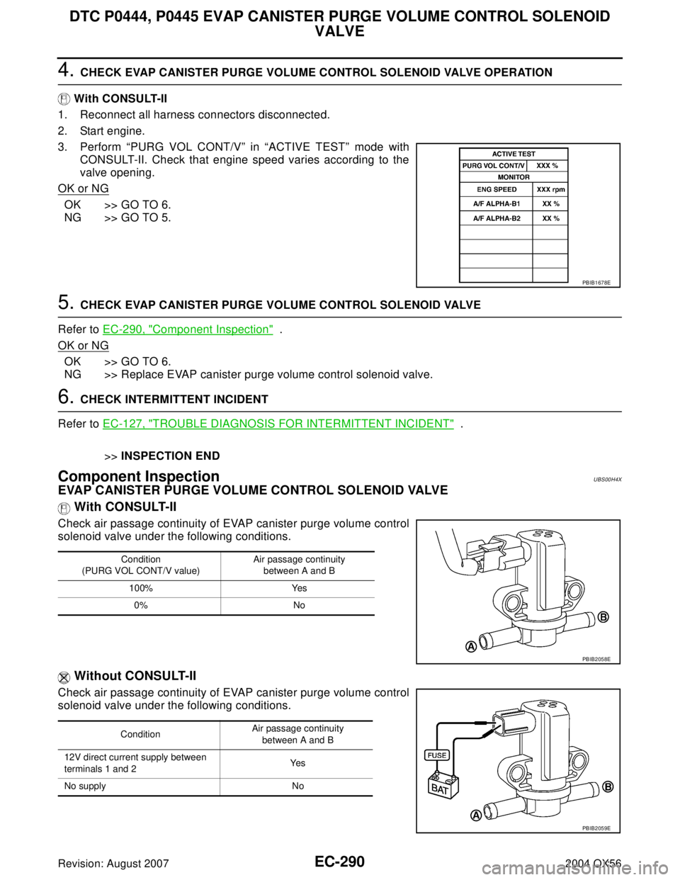 INFINITI QX56 2004 Factory Service Manual EC-290Revision: August 2007
DTC P0444, P0445 EVAP CANISTER PURGE VOLUME CONTROL SOLENOID
VALVE
2004 QX56
4. CHECK EVAP CANISTER PURGE VOLUME CONTROL SOLENOID VALVE OPERATION
With CONSULT-II
1. Recon INFINITI QX56 2004 Factory Service Manual EC-290Revision: August 2007
DTC P0444, P0445 EVAP CANISTER PURGE VOLUME CONTROL SOLENOID
VALVE
2004 QX56
4. CHECK EVAP CANISTER PURGE VOLUME CONTROL SOLENOID VALVE OPERATION
With CONSULT-II
1. Recon