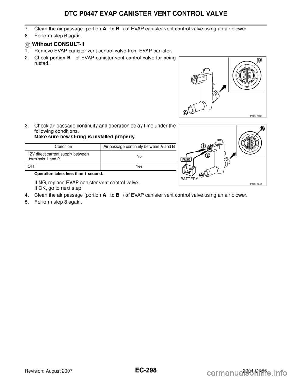 INFINITI QX56 2004  Factory Service Manual EC-298Revision: August 2007
DTC P0447 EVAP CANISTER VENT CONTROL VALVE
2004 QX56
7. Clean the air passage (portion A   to B  ) of EVAP canister vent control valve using an air blower.
8. Perform step 
