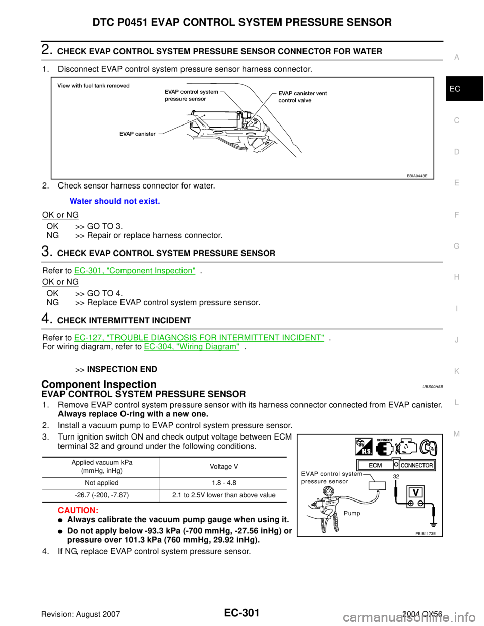 INFINITI QX56 2004 Factory Service Manual DTC P0451 EVAP CONTROL SYSTEM PRESSURE SENSOR
EC-301
C
D
E
F
G
H
I
J
K
L
MA
EC
Revision: August 20072004 QX56
2. CHECK EVAP CONTROL SYSTEM PRESSURE SENSOR CONNECTOR FOR WATER
1. Disconnect EVAP contro INFINITI QX56 2004 Factory Service Manual DTC P0451 EVAP CONTROL SYSTEM PRESSURE SENSOR
EC-301
C
D
E
F
G
H
I
J
K
L
MA
EC
Revision: August 20072004 QX56
2. CHECK EVAP CONTROL SYSTEM PRESSURE SENSOR CONNECTOR FOR WATER
1. Disconnect EVAP contro