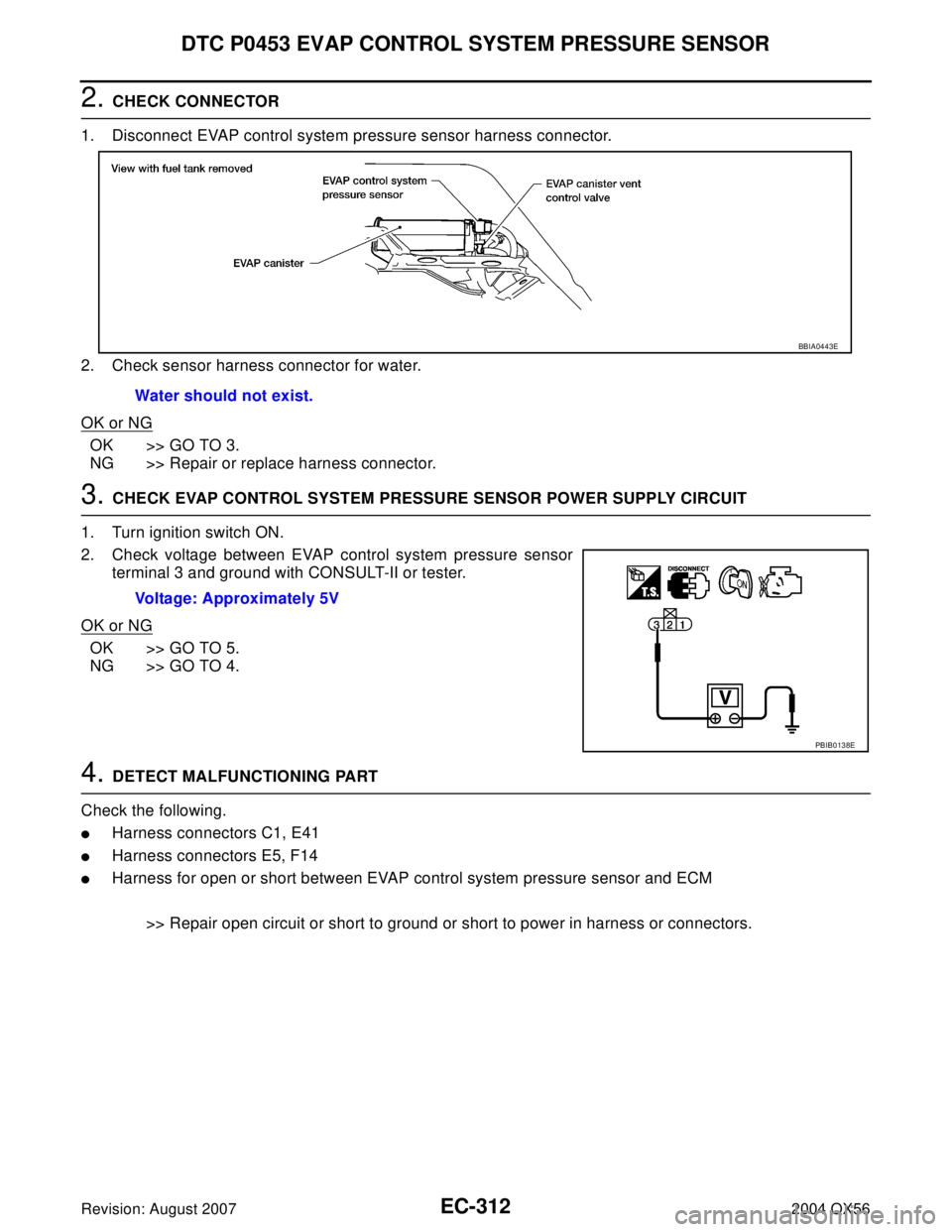 INFINITI QX56 2004  Factory Service Manual EC-312Revision: August 2007
DTC P0453 EVAP CONTROL SYSTEM PRESSURE SENSOR
2004 QX56
2. CHECK CONNECTOR
1. Disconnect EVAP control system pressure sensor harness connector.
2. Check sensor harness conn