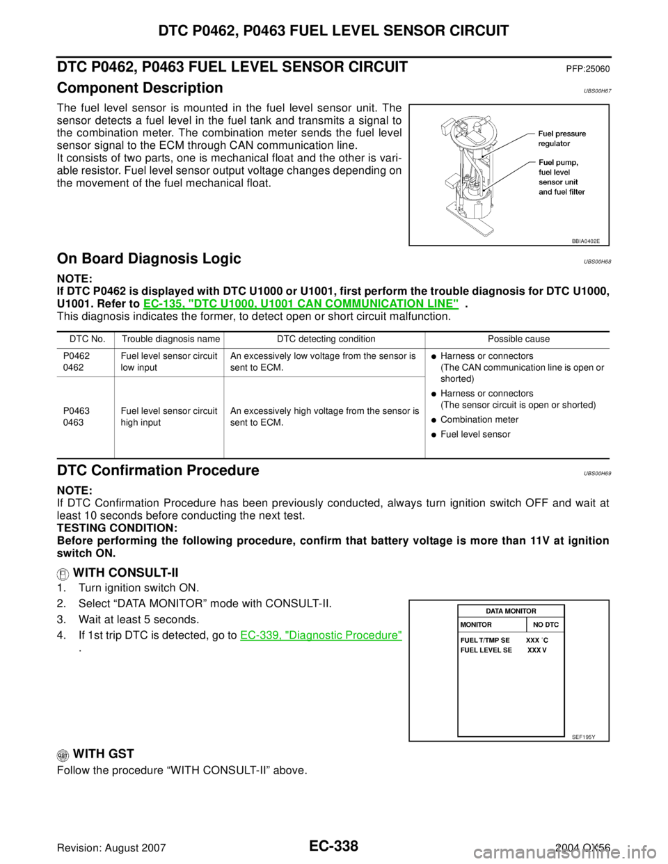 INFINITI QX56 2004 Factory Service Manual EC-338Revision: August 2007
DTC P0462, P0463 FUEL LEVEL SENSOR CIRCUIT
2004 QX56
DTC P0462, P0463 FUEL LEVEL SENSOR CIRCUITPFP:25060
Component DescriptionUBS00H67
The fuel level sensor is mounted in t INFINITI QX56 2004 Factory Service Manual EC-338Revision: August 2007
DTC P0462, P0463 FUEL LEVEL SENSOR CIRCUIT
2004 QX56
DTC P0462, P0463 FUEL LEVEL SENSOR CIRCUITPFP:25060
Component DescriptionUBS00H67
The fuel level sensor is mounted in t