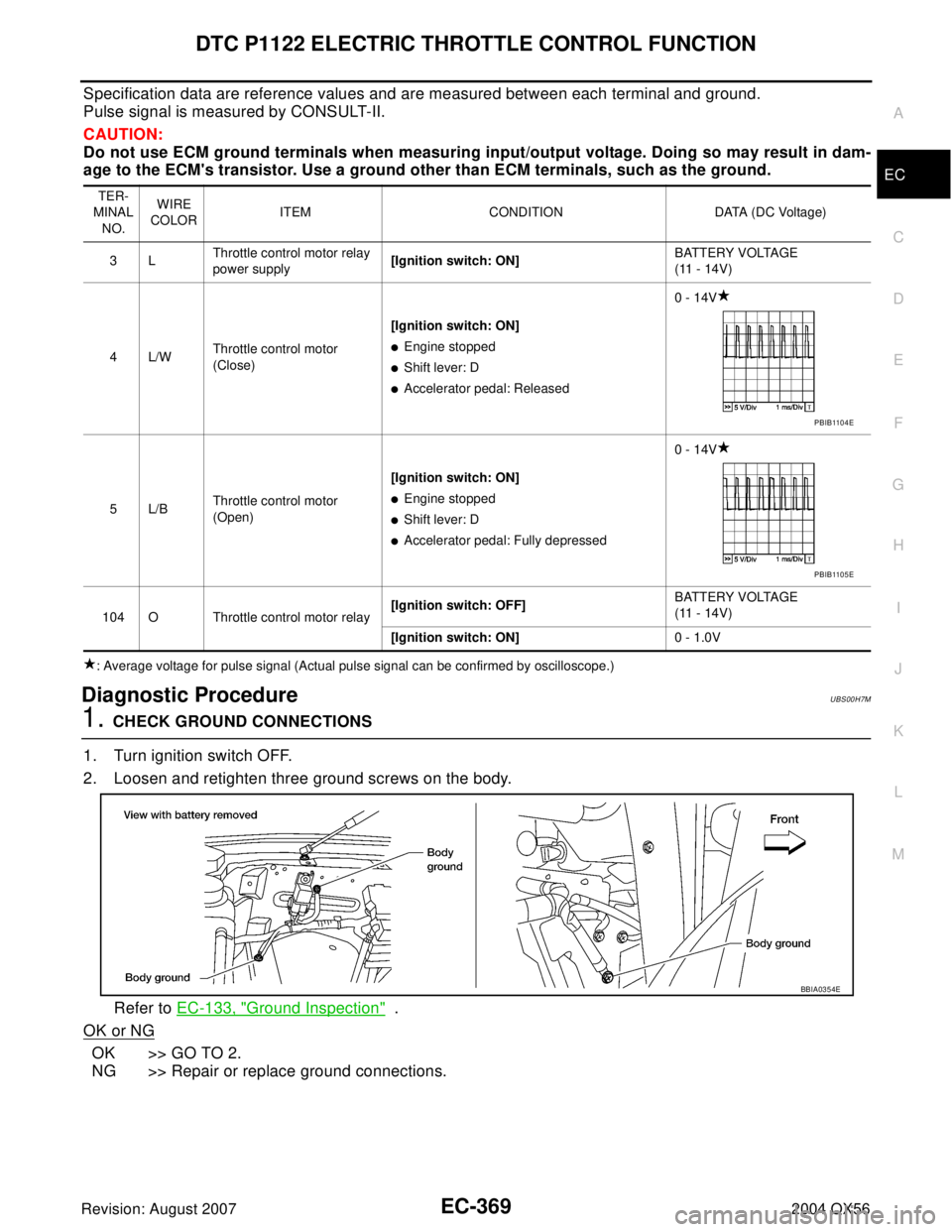 INFINITI QX56 2004  Factory Service Manual DTC P1122 ELECTRIC THROTTLE CONTROL FUNCTION
EC-369
C
D
E
F
G
H
I
J
K
L
MA
EC
Revision: August 20072004 QX56
Specification data are reference values and are measured between each terminal and ground.
