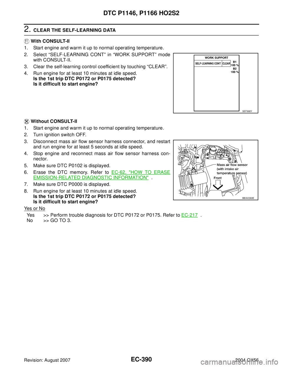INFINITI QX56 2004 Factory Service Manual EC-390Revision: August 2007
DTC P1146, P1166 HO2S2
2004 QX56
2. CLEAR THE SELF-LEARNING DATA
With CONSULT-II
1. Start engine and warm it up to normal operating temperature.
2. Select “SELF-LEARNING INFINITI QX56 2004 Factory Service Manual EC-390Revision: August 2007
DTC P1146, P1166 HO2S2
2004 QX56
2. CLEAR THE SELF-LEARNING DATA
With CONSULT-II
1. Start engine and warm it up to normal operating temperature.
2. Select “SELF-LEARNING
