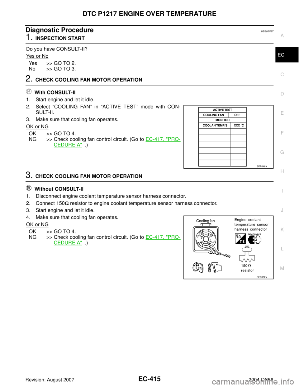 INFINITI QX56 2004  Factory Service Manual DTC P1217 ENGINE OVER TEMPERATURE
EC-415
C
D
E
F
G
H
I
J
K
L
MA
EC
Revision: August 20072004 QX56
Diagnostic ProcedureUBS00H8Y
1. INSPECTION START
Do you have CONSULT-II?
Ye s  o r  N o
Yes >> GO TO 2