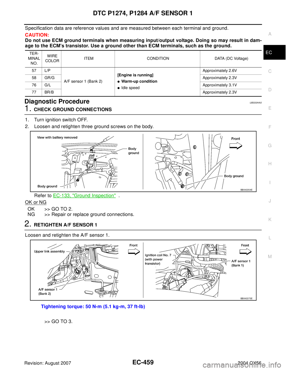 INFINITI QX56 2004 Factory Service Manual DTC P1274, P1284 A/F SENSOR 1
EC-459
C
D
E
F
G
H
I
J
K
L
MA
EC
Revision: August 20072004 QX56
Specification data are reference values and are measured between each terminal and ground.
CAUTION:
Do not INFINITI QX56 2004 Factory Service Manual DTC P1274, P1284 A/F SENSOR 1
EC-459
C
D
E
F
G
H
I
J
K
L
MA
EC
Revision: August 20072004 QX56
Specification data are reference values and are measured between each terminal and ground.
CAUTION:
Do not