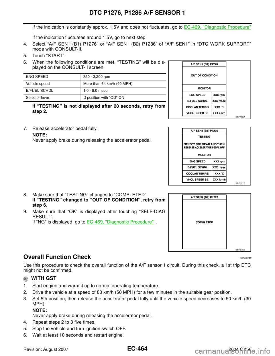 INFINITI QX56 2004 Factory Service Manual EC-464Revision: August 2007
DTC P1276, P1286 A/F SENSOR 1
2004 QX56
If the indication is constantly approx. 1.5V and does not fluctuates, go to EC-469, "Diagnostic Procedure"
.
If the indication fluct INFINITI QX56 2004 Factory Service Manual EC-464Revision: August 2007
DTC P1276, P1286 A/F SENSOR 1
2004 QX56
If the indication is constantly approx. 1.5V and does not fluctuates, go to EC-469, "Diagnostic Procedure"
.
If the indication fluct