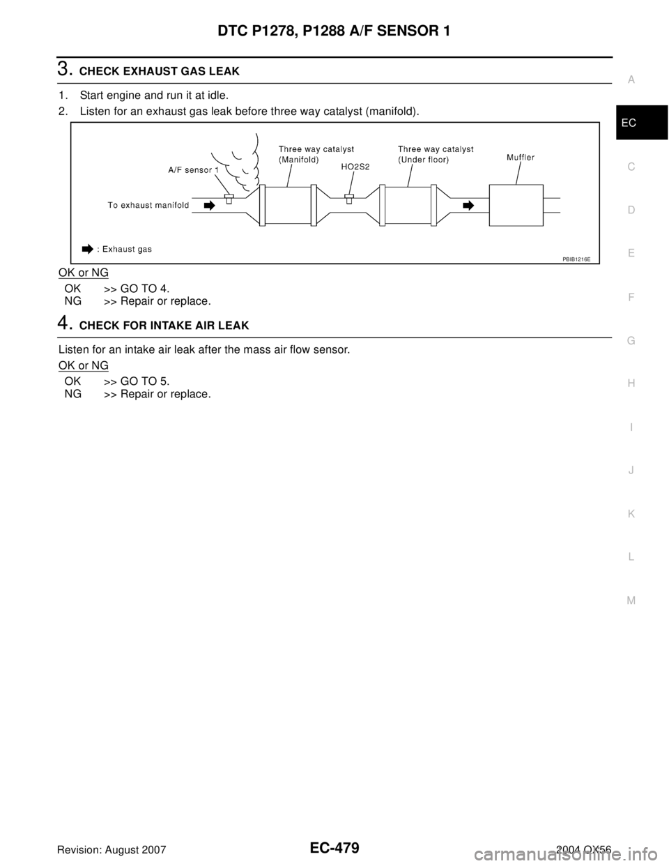 INFINITI QX56 2004  Factory Service Manual DTC P1278, P1288 A/F SENSOR 1
EC-479
C
D
E
F
G
H
I
J
K
L
MA
EC
Revision: August 20072004 QX56
3. CHECK EXHAUST GAS LEAK
1. Start engine and run it at idle.
2. Listen for an exhaust gas leak before thr