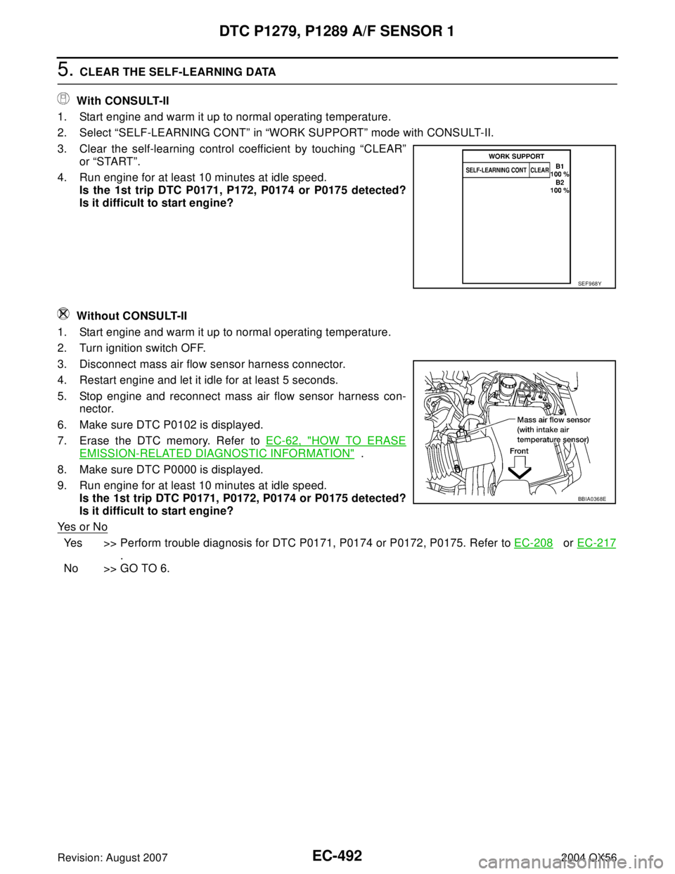 INFINITI QX56 2004 Factory Service Manual EC-492Revision: August 2007
DTC P1279, P1289 A/F SENSOR 1
2004 QX56
5. CLEAR THE SELF-LEARNING DATA
With CONSULT-II
1. Start engine and warm it up to normal operating temperature.
2. Select “SELF-L INFINITI QX56 2004 Factory Service Manual EC-492Revision: August 2007
DTC P1279, P1289 A/F SENSOR 1
2004 QX56
5. CLEAR THE SELF-LEARNING DATA
With CONSULT-II
1. Start engine and warm it up to normal operating temperature.
2. Select “SELF-L