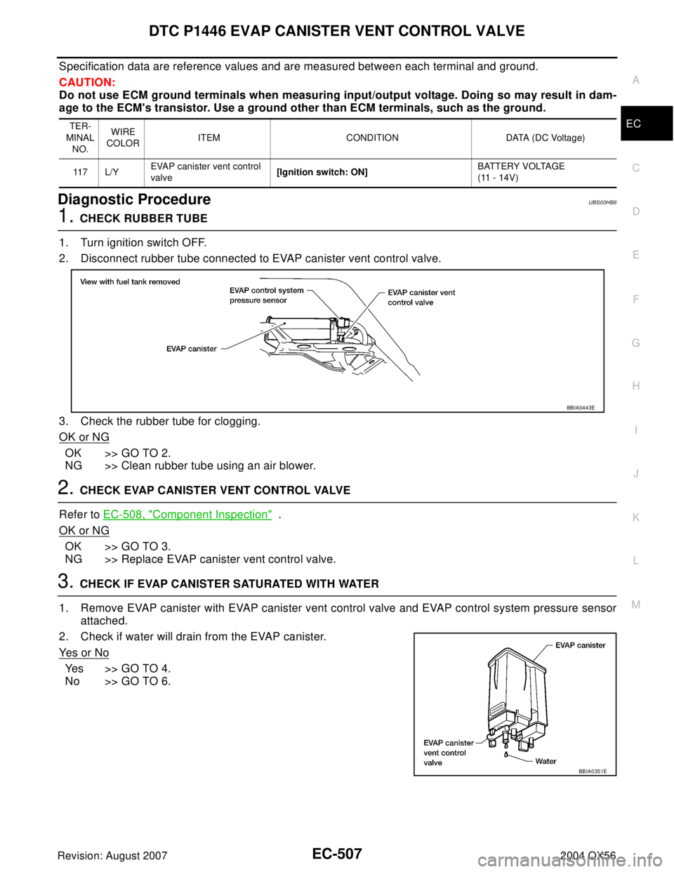 INFINITI QX56 2004 Factory Service Manual DTC P1446 EVAP CANISTER VENT CONTROL VALVE
EC-507
C
D
E
F
G
H
I
J
K
L
MA
EC
Revision: August 20072004 QX56
Specification data are reference values and are measured between each terminal and ground.
CA INFINITI QX56 2004 Factory Service Manual DTC P1446 EVAP CANISTER VENT CONTROL VALVE
EC-507
C
D
E
F
G
H
I
J
K
L
MA
EC
Revision: August 20072004 QX56
Specification data are reference values and are measured between each terminal and ground.
CA