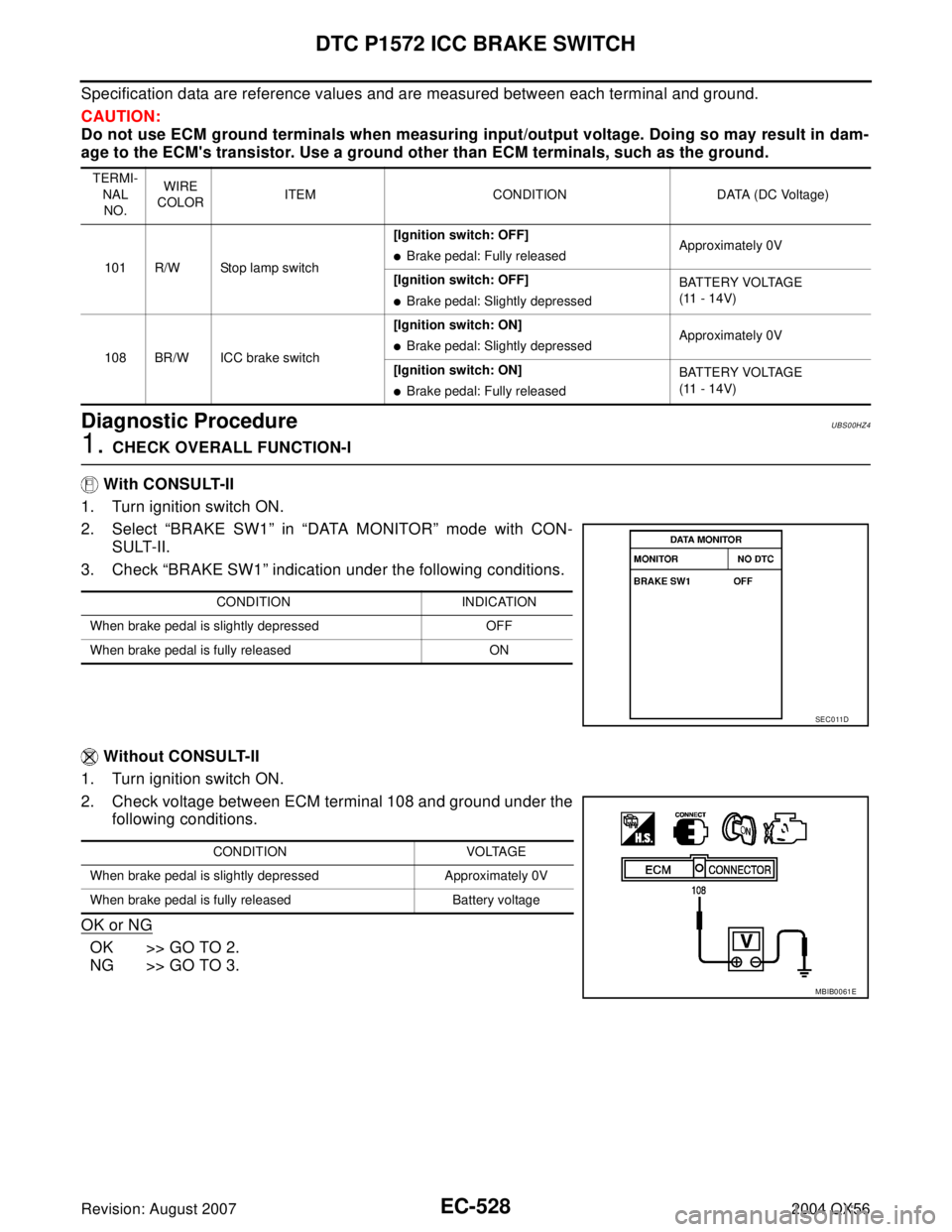 INFINITI QX56 2004 Factory Service Manual EC-528Revision: August 2007
DTC P1572 ICC BRAKE SWITCH
2004 QX56
Specification data are reference values and are measured between each terminal and ground.
CAUTION:
Do not use ECM ground terminals whe INFINITI QX56 2004 Factory Service Manual EC-528Revision: August 2007
DTC P1572 ICC BRAKE SWITCH
2004 QX56
Specification data are reference values and are measured between each terminal and ground.
CAUTION:
Do not use ECM ground terminals whe