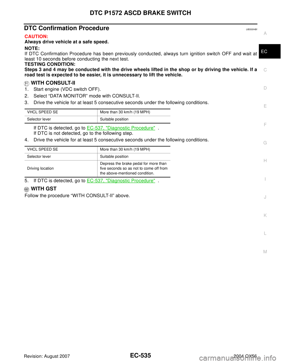 INFINITI QX56 2004 Factory Service Manual DTC P1572 ASCD BRAKE SWITCH
EC-535
C
D
E
F
G
H
I
J
K
L
MA
EC
Revision: August 20072004 QX56
DTC Confirmation ProcedureUBS00HBI
CAUTION:
Always drive vehicle at a safe speed.
NOTE:
If DTC Confirmation INFINITI QX56 2004 Factory Service Manual DTC P1572 ASCD BRAKE SWITCH
EC-535
C
D
E
F
G
H
I
J
K
L
MA
EC
Revision: August 20072004 QX56
DTC Confirmation ProcedureUBS00HBI
CAUTION:
Always drive vehicle at a safe speed.
NOTE:
If DTC Confirmation