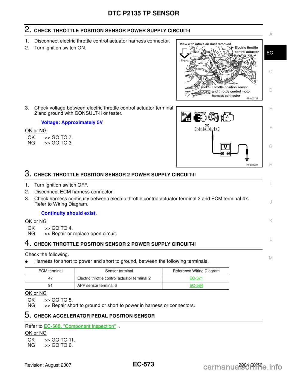 INFINITI QX56 2004  Factory Service Manual DTC P2135 TP SENSOR
EC-573
C
D
E
F
G
H
I
J
K
L
MA
EC
Revision: August 20072004 QX56
2. CHECK THROTTLE POSITION SENSOR POWER SUPPLY CIRCUIT-I
1. Disconnect electric throttle control actuator harness co