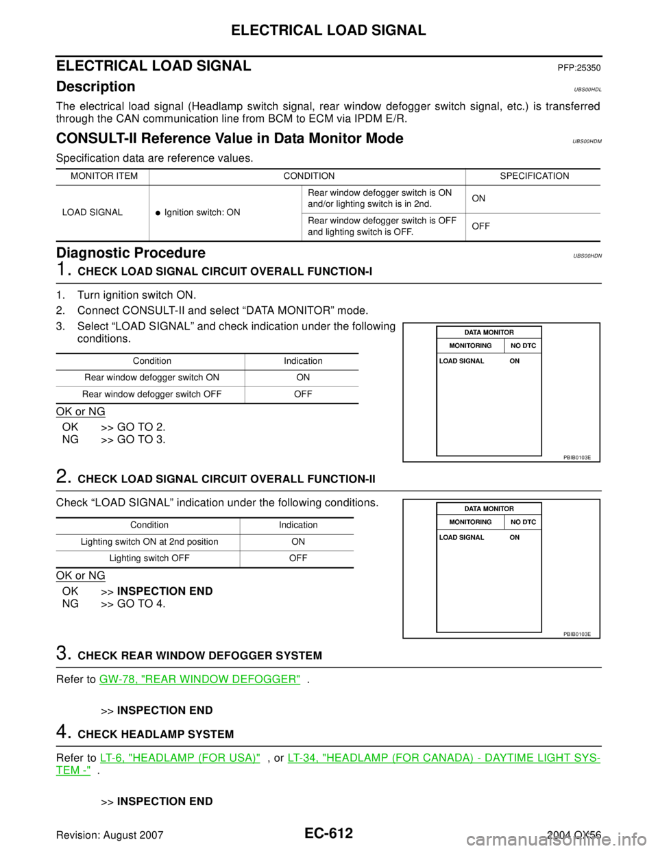 INFINITI QX56 2004 Factory Service Manual EC-612Revision: August 2007
ELECTRICAL LOAD SIGNAL
2004 QX56
ELECTRICAL LOAD SIGNALPFP:25350
DescriptionUBS00HDL
The electrical load signal (Headlamp switch signal, rear window defogger switch signal, INFINITI QX56 2004 Factory Service Manual EC-612Revision: August 2007
ELECTRICAL LOAD SIGNAL
2004 QX56
ELECTRICAL LOAD SIGNALPFP:25350
DescriptionUBS00HDL
The electrical load signal (Headlamp switch signal, rear window defogger switch signal,