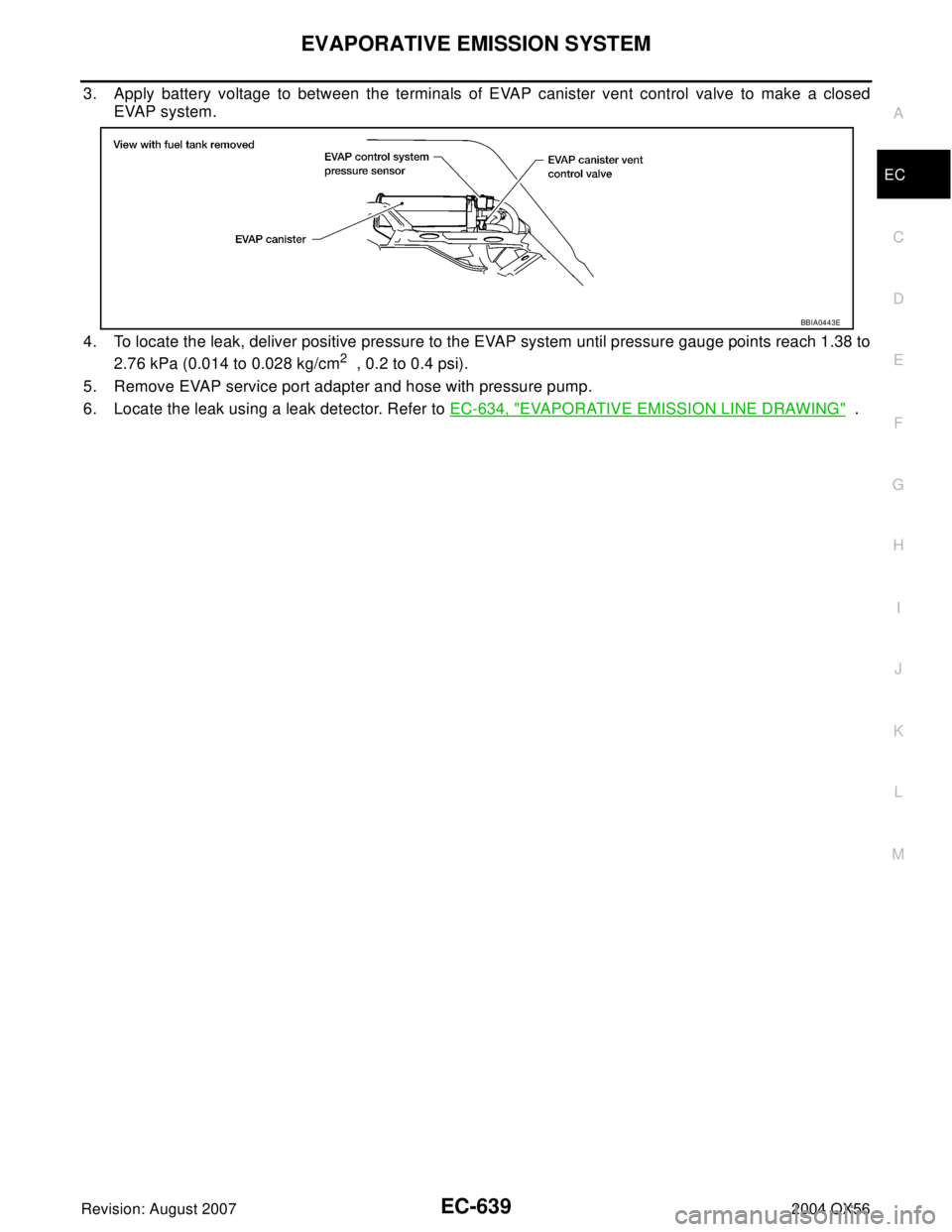INFINITI QX56 2004  Factory Service Manual EVAPORATIVE EMISSION SYSTEM
EC-639
C
D
E
F
G
H
I
J
K
L
MA
EC
Revision: August 20072004 QX56
3. Apply battery voltage to between the terminals of EVAP canister vent control valve to make a closed
EVAP 