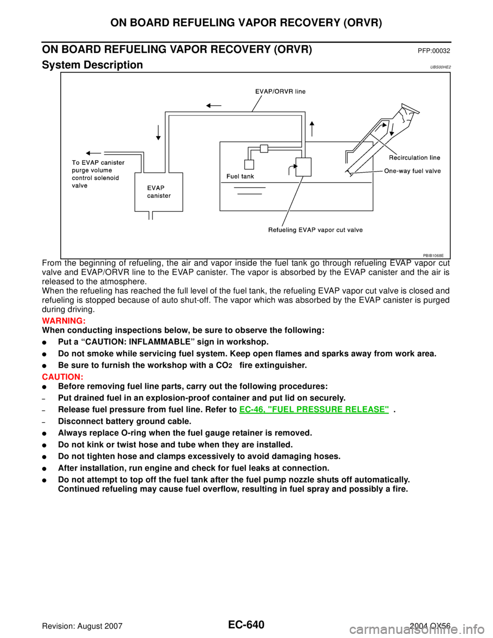 INFINITI QX56 2004  Factory Service Manual EC-640Revision: August 2007
ON BOARD REFUELING VAPOR RECOVERY (ORVR)
2004 QX56
ON BOARD REFUELING VAPOR RECOVERY (ORVR)PFP:00032
System DescriptionUBS00HE2
From the beginning of refueling, the air and