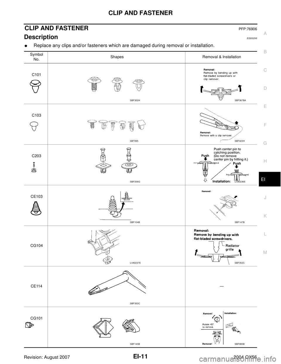 INFINITI QX56 2004  Factory Service Manual CLIP AND FASTENER
EI-11
C
D
E
F
G
H
J
K
L
MA
B
EI
Revision: August 20072004 QX56
CLIP AND FASTENERPFP:76906
DescriptionEIS002X6
Replace any clips and/or fasteners which are damaged during removal or 