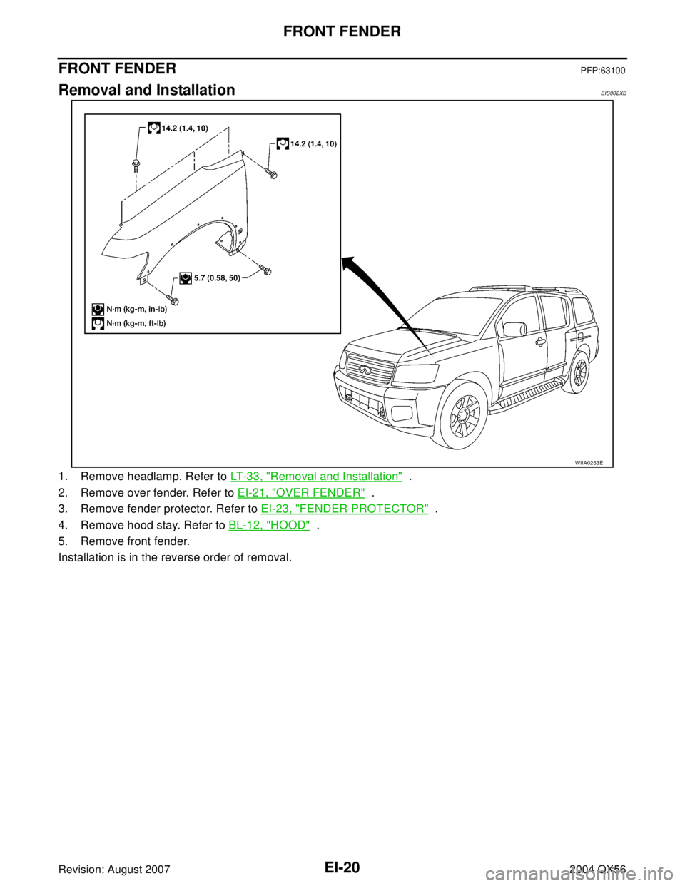 INFINITI QX56 2004  Factory Service Manual EI-20
FRONT FENDER
Revision: August 20072004 QX56
FRONT FENDERPFP:63100
Removal and InstallationEIS002XB
1. Remove headlamp. Refer to LT- 3 3 ,  "Removal and Installation"  .
2. Remove over fender. Re