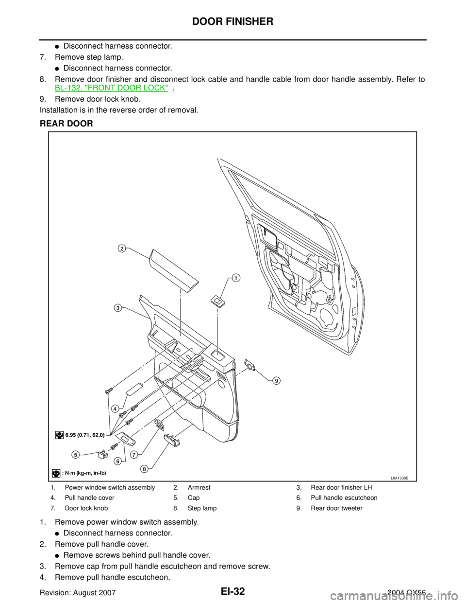 INFINITI QX56 2004  Factory Service Manual EI-32
DOOR FINISHER
Revision: August 20072004 QX56
Disconnect harness connector.
7. Remove step lamp.
Disconnect harness connector.
8. Remove door finisher and disconnect lock cable and handle cable