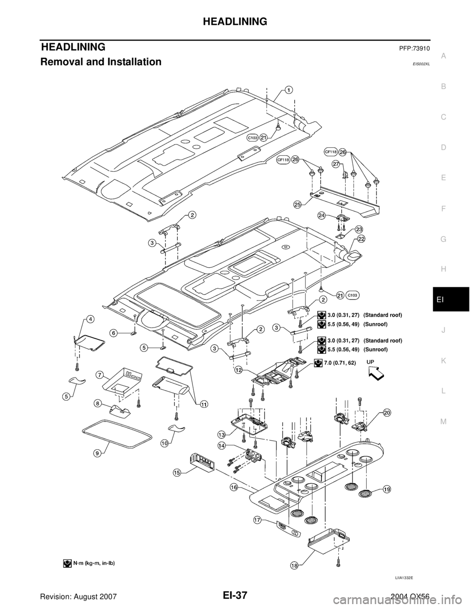 INFINITI QX56 2004  Factory Service Manual HEADLINING
EI-37
C
D
E
F
G
H
J
K
L
MA
B
EI
Revision: August 20072004 QX56
HEADLININGPFP:73910
Removal and InstallationEIS002XL
LIIA1332E 