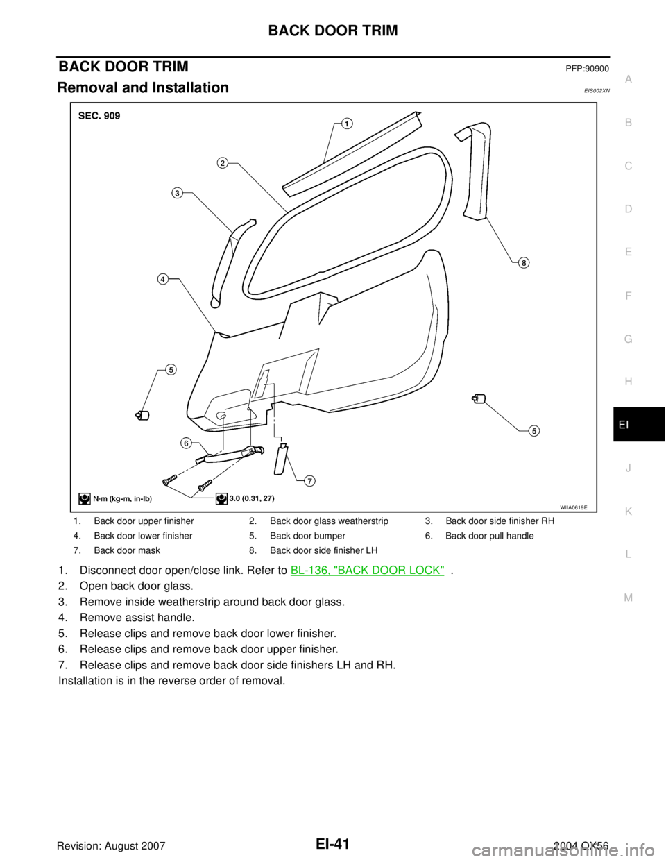 INFINITI QX56 2004  Factory Service Manual BACK DOOR TRIM
EI-41
C
D
E
F
G
H
J
K
L
MA
B
EI
Revision: August 20072004 QX56
BACK DOOR TRIMPFP:90900
Removal and InstallationEIS002XN
1. Disconnect door open/close link. Refer to BL-136, "BACK DOOR L