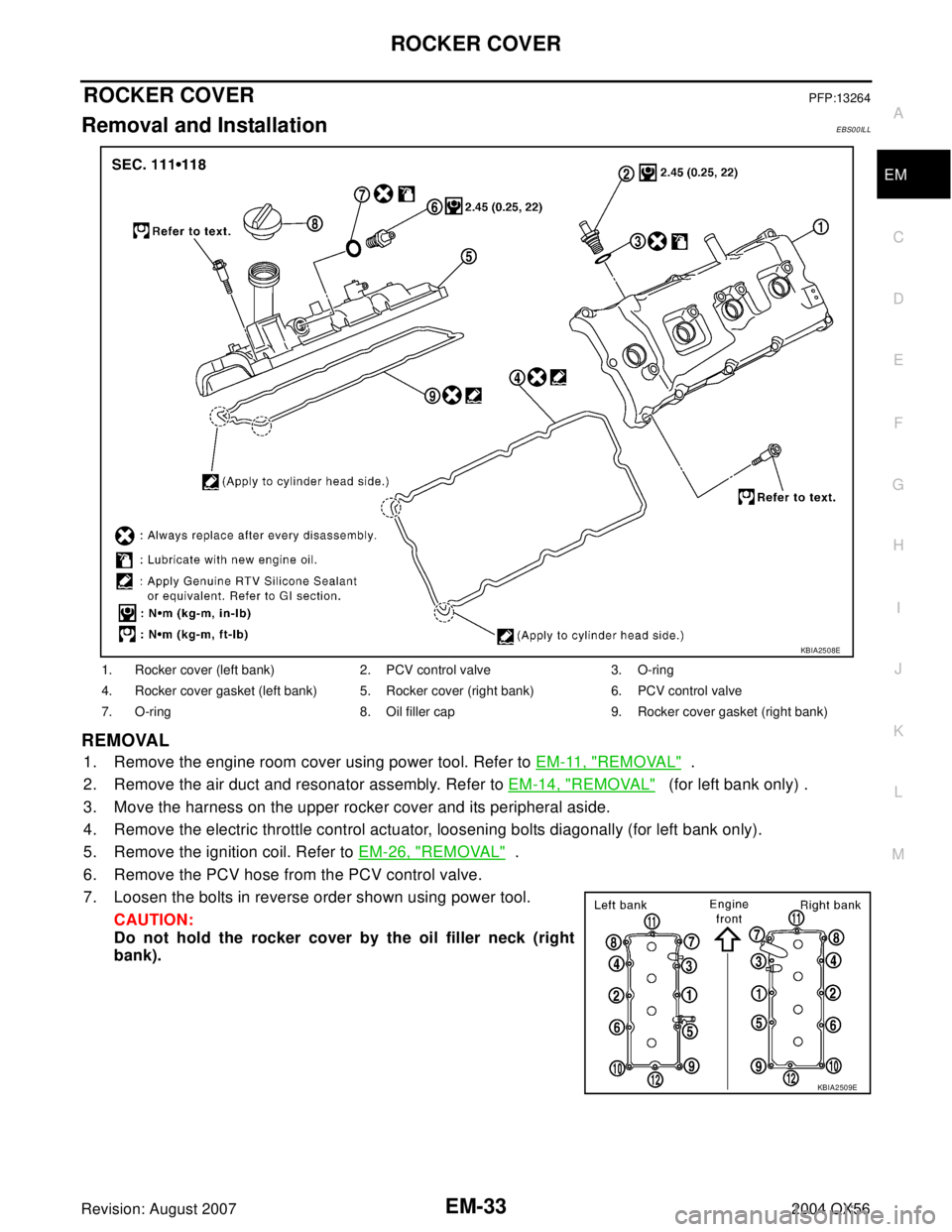 INFINITI QX56 2004  Factory Service Manual ROCKER COVER
EM-33
C
D
E
F
G
H
I
J
K
L
MA
EM
Revision: August 20072004 QX56
ROCKER COVERPFP:13264
Removal and InstallationEBS00ILL
REMOVAL
1. Remove the engine room cover using power tool. Refer to EM