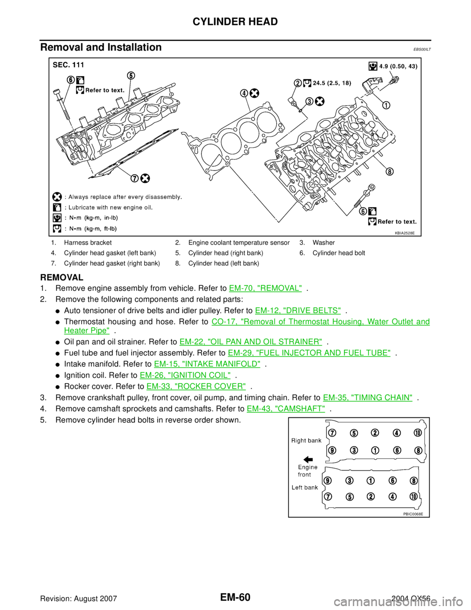 INFINITI QX56 2004  Factory Service Manual EM-60Revision: August 2007
CYLINDER HEAD
2004 QX56
Removal and InstallationEBS00ILT
REMOVAL
1. Remove engine assembly from vehicle. Refer to EM-70, "REMOVAL"  .
2. Remove the following components and 