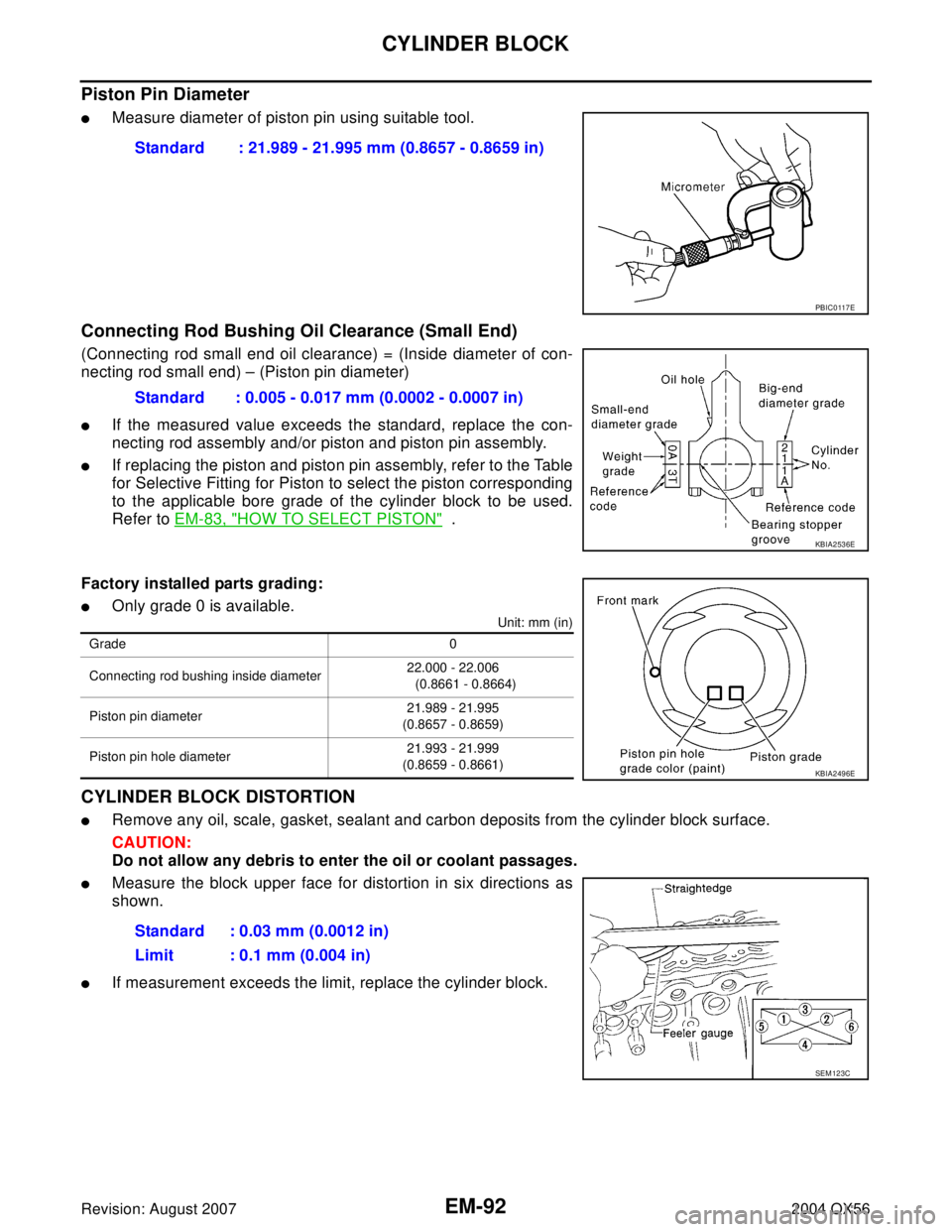 INFINITI QX56 2004  Factory Service Manual EM-92Revision: August 2007
CYLINDER BLOCK
2004 QX56
Piston Pin Diameter
Measure diameter of piston pin using suitable tool.
Connecting Rod Bushing Oil Clearance (Small End)
(Connecting rod small end 