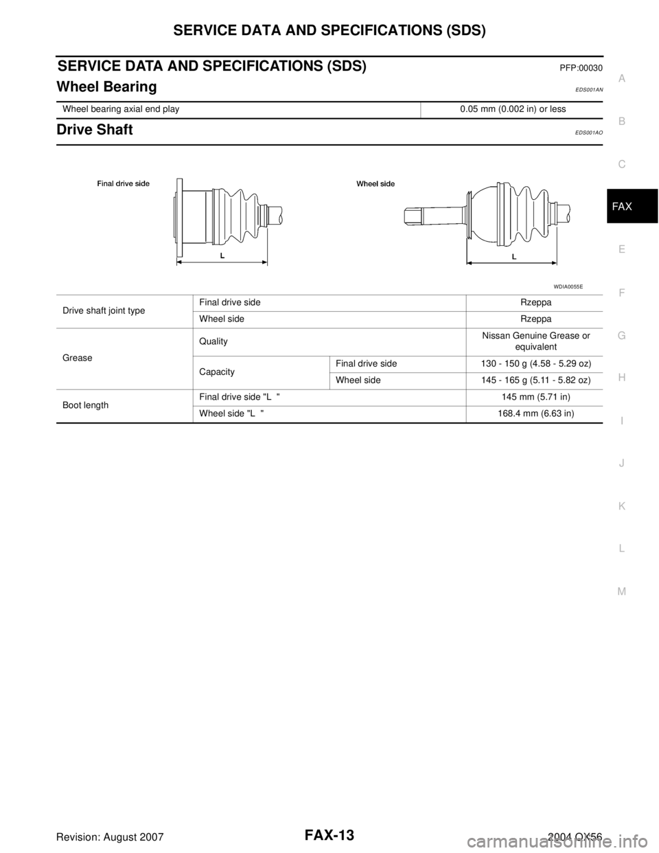 INFINITI QX56 2004  Factory Service Manual SERVICE DATA AND SPECIFICATIONS (SDS)
FAX-13
C
E
F
G
H
I
J
K
L
MA
B
FA X
Revision: August 20072004 QX56
SERVICE DATA AND SPECIFICATIONS (SDS)PFP:00030
Wheel BearingEDS001AN
Drive ShaftEDS001AO
Wheel b