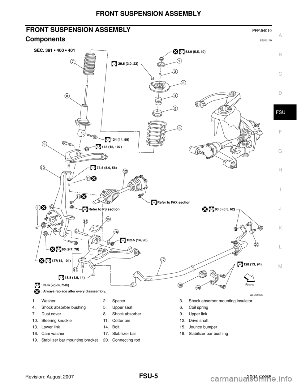INFINITI QX56 2004  Factory Service Manual FRONT SUSPENSION ASSEMBLY
FSU-5
C
D
F
G
H
I
J
K
L
MA
B
FSU
Revision: August 20072004 QX56
FRONT SUSPENSION ASSEMBLYPFP:54010
ComponentsEES0010H
1. Washer 2. Spacer 3. Shock absorber mounting insulator