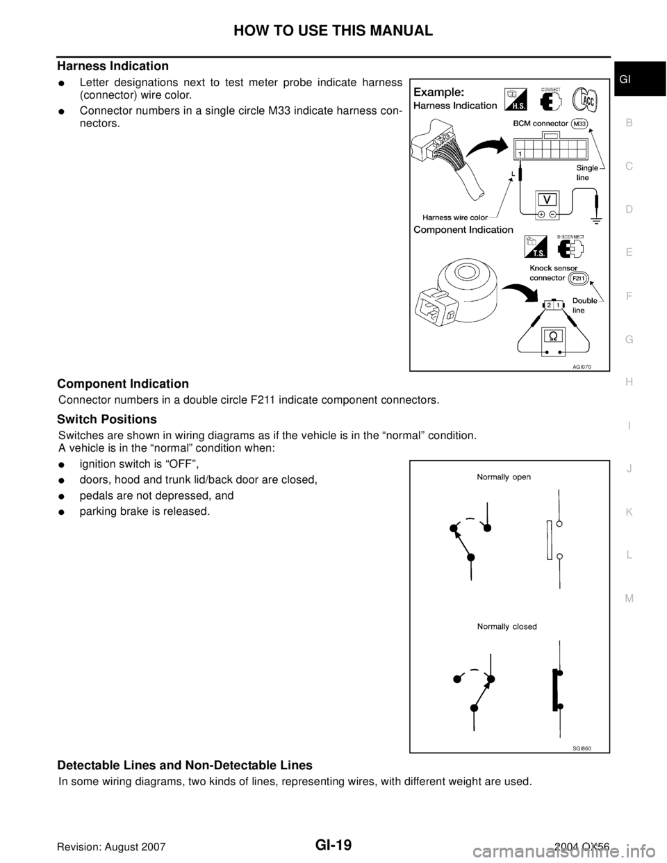 INFINITI QX56 2004  Factory Service Manual HOW TO USE THIS MANUAL
GI-19
C
D
E
F
G
H
I
J
K
L
MB
GI
Revision: August 20072004 QX56
Harness Indication 
Letter designations next to test meter probe indicate harness
(connector) wire color.
Connec