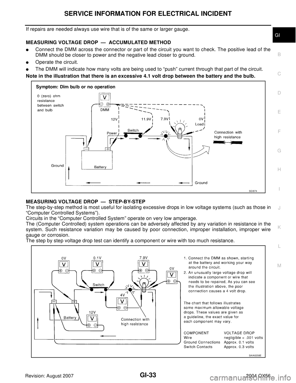 INFINITI QX56 2004 Factory Service Manual SERVICE INFORMATION FOR ELECTRICAL INCIDENT
GI-33
C
D
E
F
G
H
I
J
K
L
MB
GI
Revision: August 20072004 QX56
If repairs are needed always use wire that is of the same or larger gauge.
MEASURING VOLTAGE INFINITI QX56 2004 Factory Service Manual SERVICE INFORMATION FOR ELECTRICAL INCIDENT
GI-33
C
D
E
F
G
H
I
J
K
L
MB
GI
Revision: August 20072004 QX56
If repairs are needed always use wire that is of the same or larger gauge.
MEASURING VOLTAGE