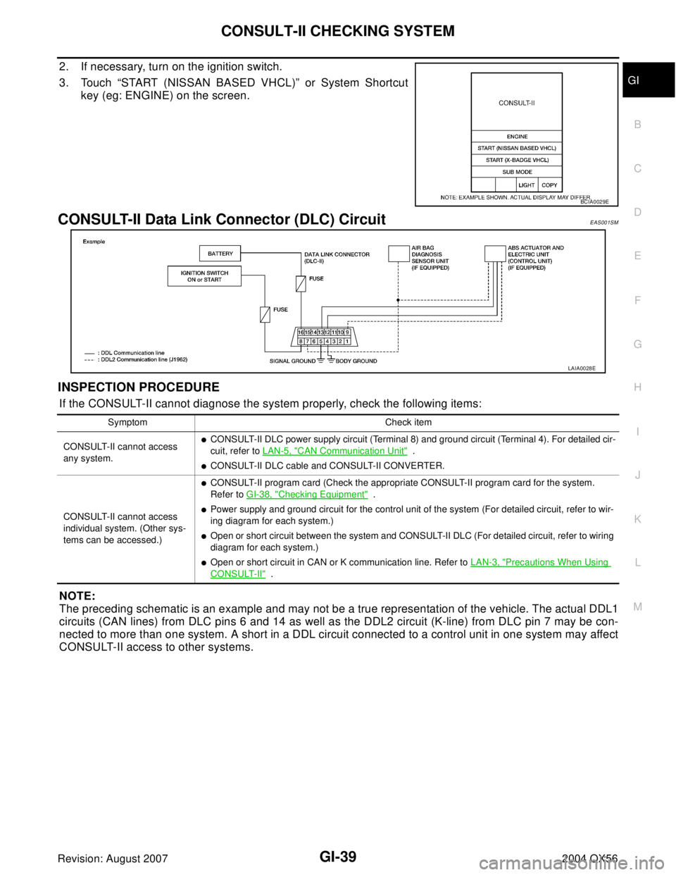 INFINITI QX56 2004 Factory Service Manual CONSULT-II CHECKING SYSTEM
GI-39
C
D
E
F
G
H
I
J
K
L
MB
GI
Revision: August 20072004 QX56
2. If necessary, turn on the ignition switch.
3. Touch “START (NISSAN BASED VHCL)” or System Shortcut
key INFINITI QX56 2004 Factory Service Manual CONSULT-II CHECKING SYSTEM
GI-39
C
D
E
F
G
H
I
J
K
L
MB
GI
Revision: August 20072004 QX56
2. If necessary, turn on the ignition switch.
3. Touch “START (NISSAN BASED VHCL)” or System Shortcut
key