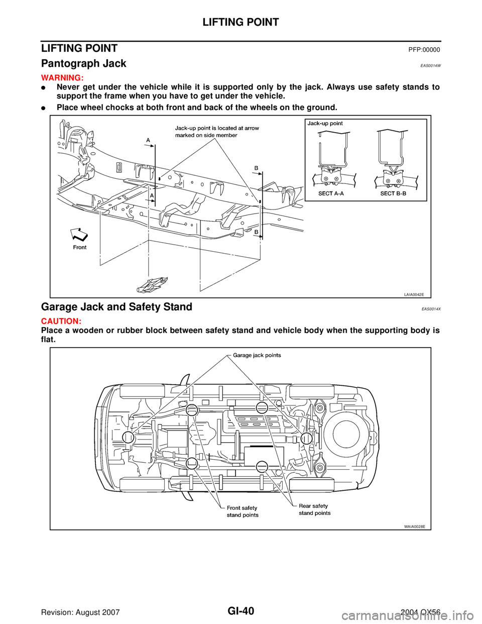 INFINITI QX56 2004  Factory Service Manual GI-40
LIFTING POINT
Revision: August 20072004 QX56
LIFTING POINTPFP:00000
Pantograph JackEAS0014W
WAR NIN G:
Never get under the vehicle while it is supported only by the jack. Always use safety stan