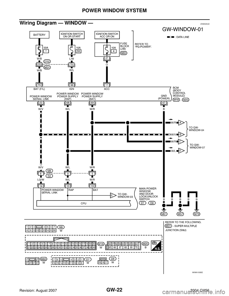 INFINITI QX56 2004  Factory Service Manual GW-22
POWER WINDOW SYSTEM
Revision: August 20072004 QX56
Wiring Diagram — WINDOW —EIS002UQ
WIWA1095E 