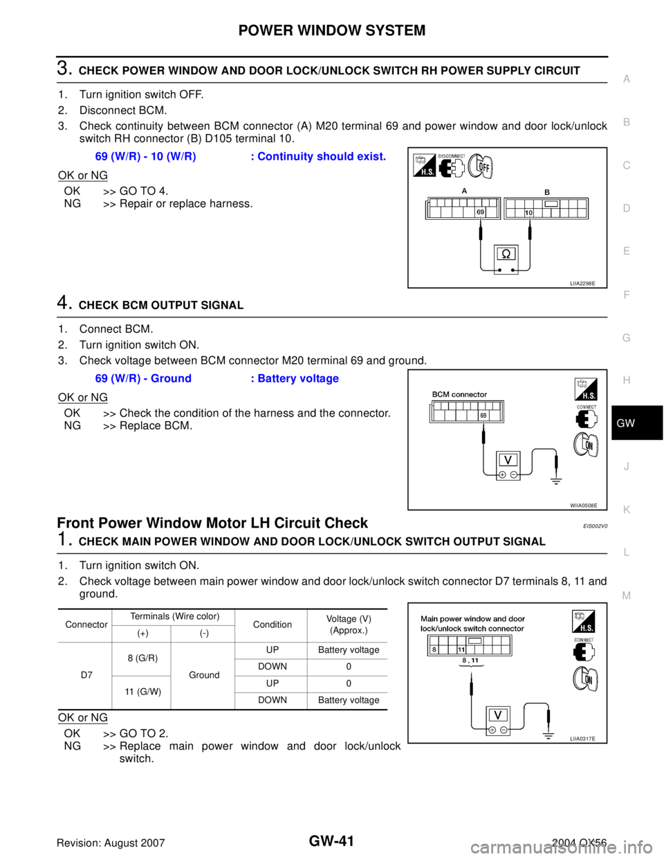 INFINITI QX56 2004  Factory Service Manual POWER WINDOW SYSTEM
GW-41
C
D
E
F
G
H
J
K
L
MA
B
GW
Revision: August 20072004 QX56
3. CHECK POWER WINDOW AND DOOR LOCK/UNLOCK SWITCH RH POWER SUPPLY CIRCUIT 
1. Turn ignition switch OFF.
2. Disconnect