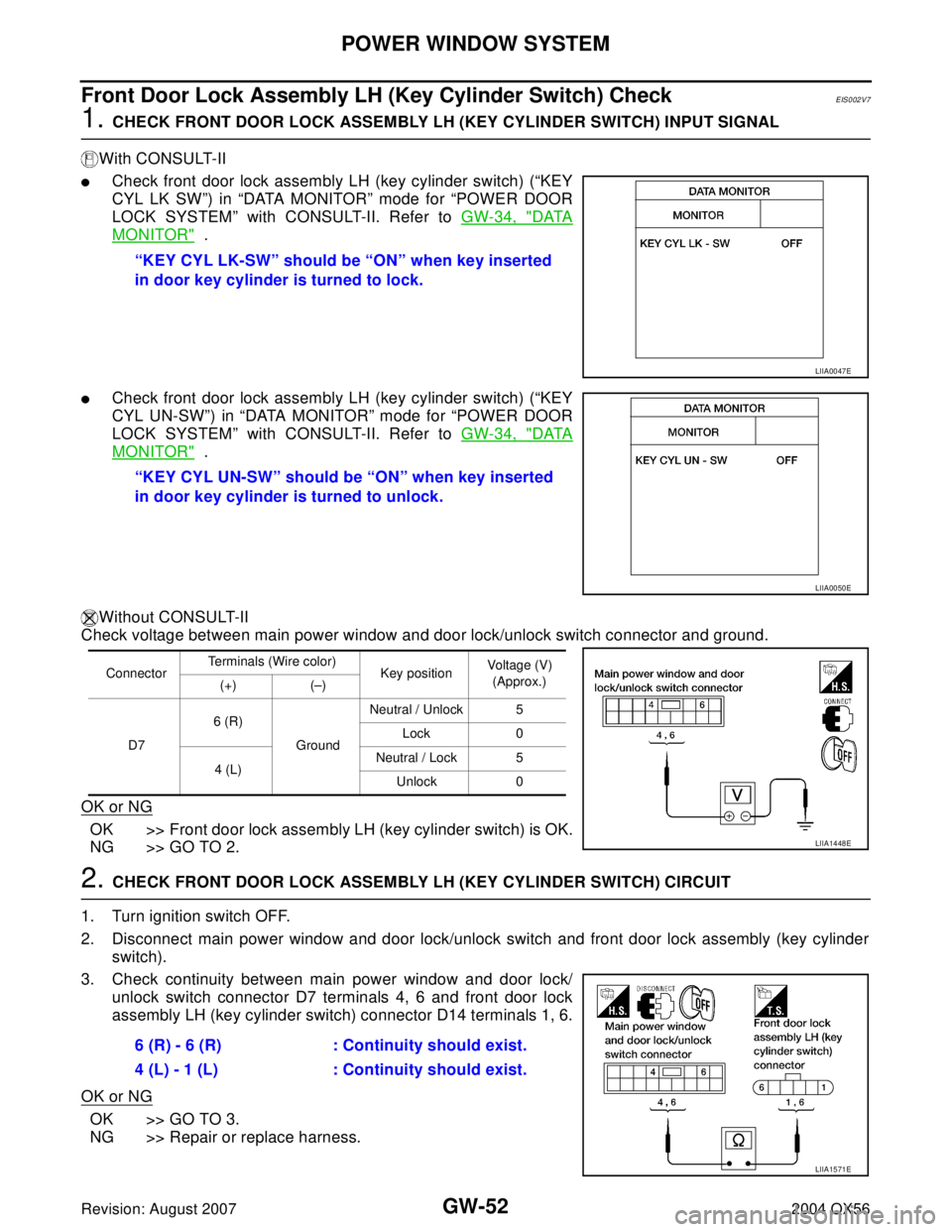 INFINITI QX56 2004 Factory Service Manual GW-52
POWER WINDOW SYSTEM
Revision: August 20072004 QX56
Front Door Lock Assembly LH (Key Cylinder Switch) CheckEIS002V7
1. CHECK FRONT DOOR LOCK ASSEMBLY LH (KEY CYLINDER SWITCH) INPUT SIGNAL
With CO INFINITI QX56 2004 Factory Service Manual GW-52
POWER WINDOW SYSTEM
Revision: August 20072004 QX56
Front Door Lock Assembly LH (Key Cylinder Switch) CheckEIS002V7
1. CHECK FRONT DOOR LOCK ASSEMBLY LH (KEY CYLINDER SWITCH) INPUT SIGNAL
With CO