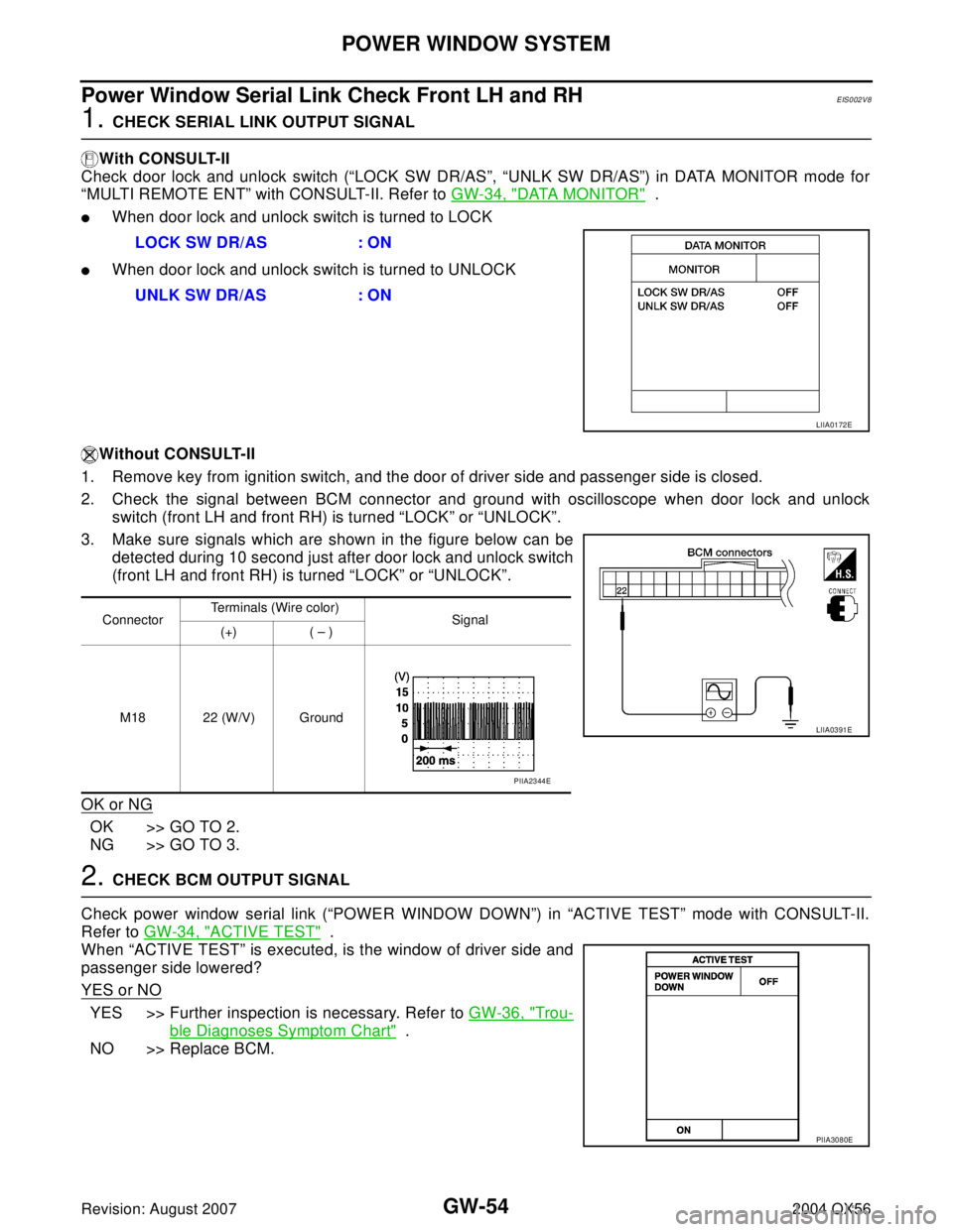 INFINITI QX56 2004 Factory Service Manual GW-54
POWER WINDOW SYSTEM
Revision: August 20072004 QX56
Power Window Serial Link Check Front LH and RHEIS002V8
1. CHECK SERIAL LINK OUTPUT SIGNAL
With CONSULT-II
Check door lock and unlock switch ( INFINITI QX56 2004 Factory Service Manual GW-54
POWER WINDOW SYSTEM
Revision: August 20072004 QX56
Power Window Serial Link Check Front LH and RHEIS002V8
1. CHECK SERIAL LINK OUTPUT SIGNAL
With CONSULT-II
Check door lock and unlock switch (