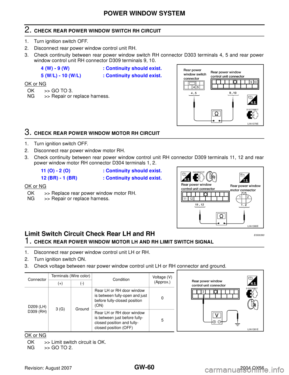 INFINITI QX56 2004  Factory Service Manual GW-60
POWER WINDOW SYSTEM
Revision: August 20072004 QX56
2. CHECK REAR POWER WINDOW SWITCH RH CIRCUIT
1. Turn ignition switch OFF.
2. Disconnect rear power window control unit RH.
3. Check continuity 