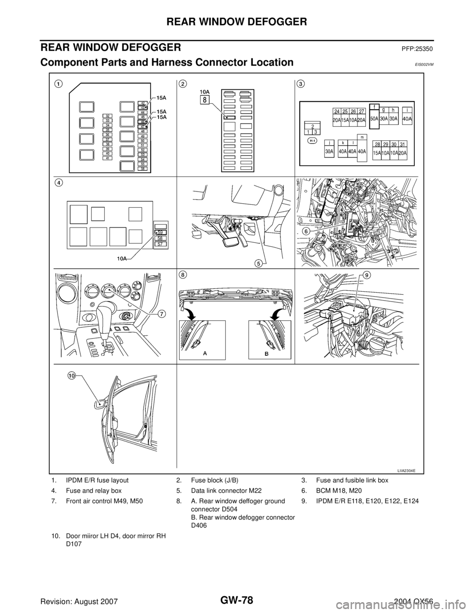 INFINITI QX56 2004  Factory Service Manual GW-78
REAR WINDOW DEFOGGER
Revision: August 20072004 QX56
REAR WINDOW DEFOGGERPFP:25350
Component Parts and Harness Connector LocationEIS002VM
1. IPDM E/R fuse layout 2. Fuse block (J/B) 3. Fuse and f
