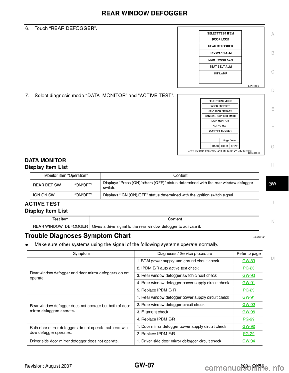 INFINITI QX56 2004 Factory Service Manual REAR WINDOW DEFOGGER
GW-87
C
D
E
F
G
H
J
K
L
MA
B
GW
Revision: August 20072004 QX56
6. Touch “REAR DEFOGGER”.
7. Select diagnosis mode,“DATA MONITOR” and “ACTIVE TEST”.
DATA MONITOR
Displ INFINITI QX56 2004 Factory Service Manual REAR WINDOW DEFOGGER
GW-87
C
D
E
F
G
H
J
K
L
MA
B
GW
Revision: August 20072004 QX56
6. Touch “REAR DEFOGGER”.
7. Select diagnosis mode,“DATA MONITOR” and “ACTIVE TEST”.
DATA MONITOR
Displ