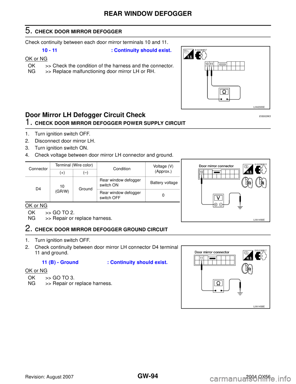 INFINITI QX56 2004  Factory Service Manual GW-94
REAR WINDOW DEFOGGER
Revision: August 20072004 QX56
5. CHECK DOOR MIRROR DEFOGGER 
Check continuity between each door mirror terminals 10 and 11.
OK or NG
OK >> Check the condition of the harnes