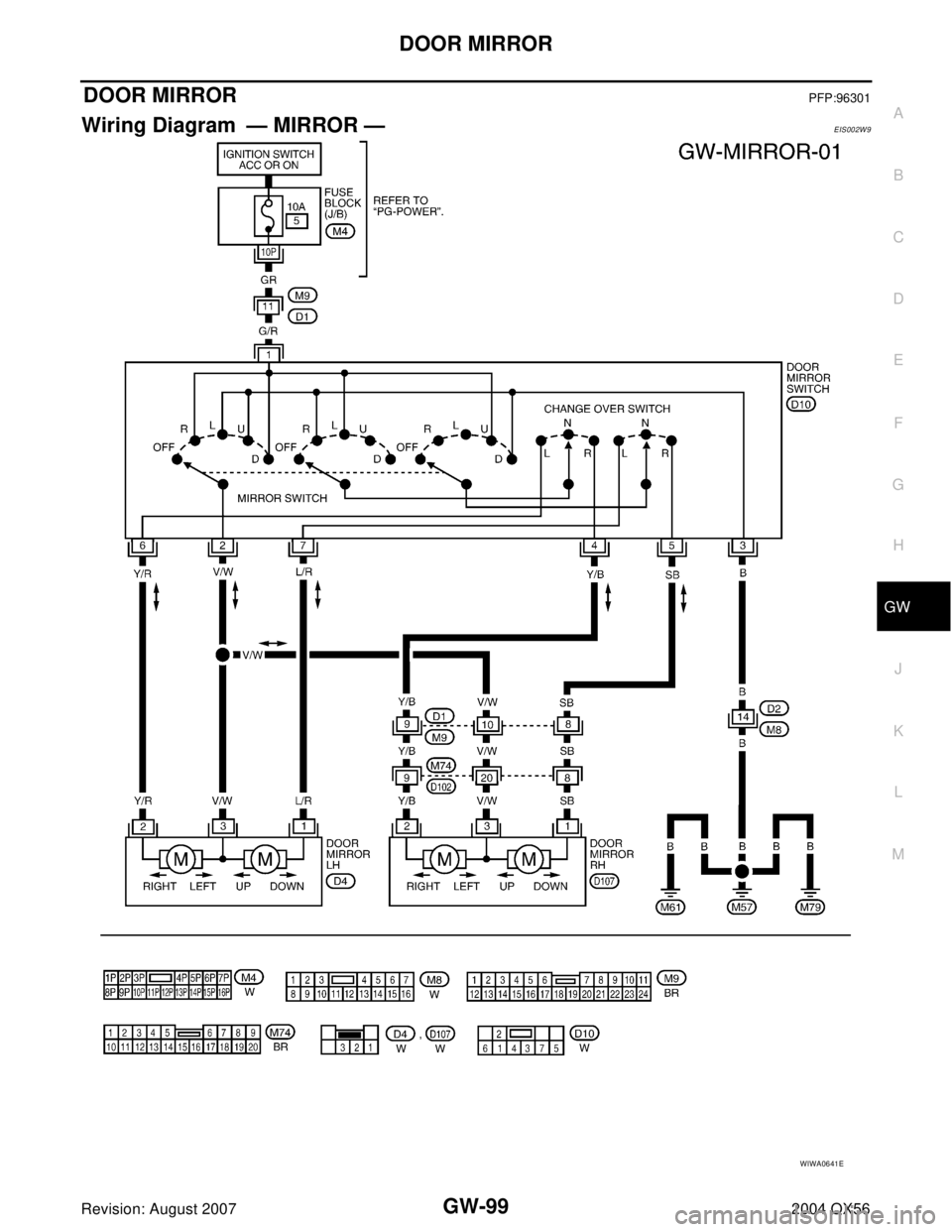 INFINITI QX56 2004  Factory Service Manual DOOR MIRROR
GW-99
C
D
E
F
G
H
J
K
L
MA
B
GW
Revision: August 20072004 QX56
DOOR MIRRORPFP:96301
Wiring Diagram — MIRROR —EIS002W9
WIWA0641E 