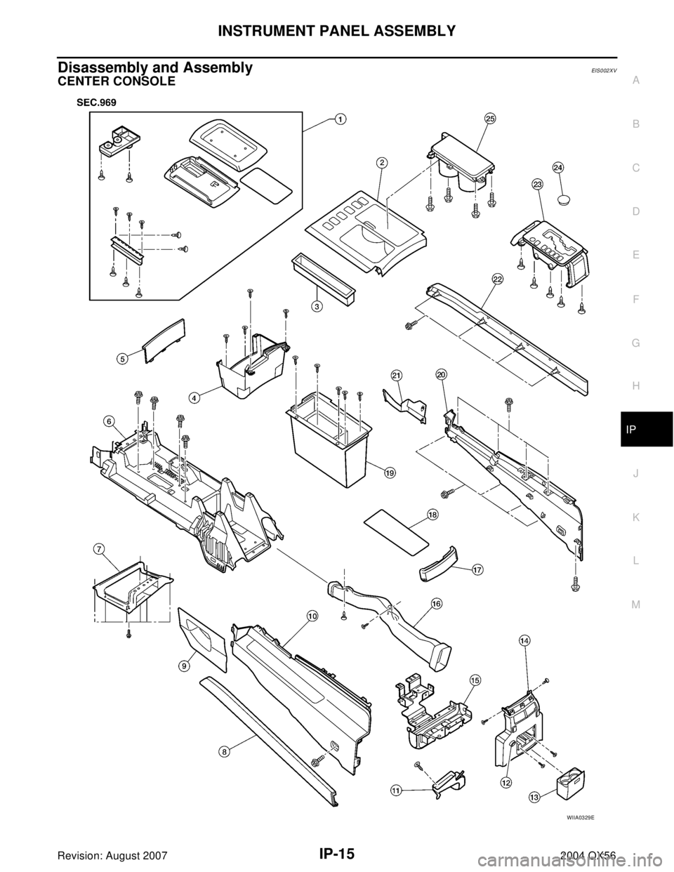 INFINITI QX56 2004  Factory Service Manual INSTRUMENT PANEL ASSEMBLY
IP-15
C
D
E
F
G
H
J
K
L
MA
B
IP
Revision: August 20072004 QX56
Disassembly and AssemblyEIS002XV
CENTER CONSOLE
WIIA0329E 